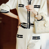 Elegant Temperament Color-Block Knitted Top And Wide-Leg Pants 2-piece Set