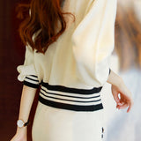 Elegant Temperament Color-Block Knitted Top And Wide-Leg Pants 2-piece Set