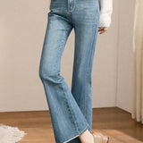 Elegant Office Pearl-Decorated Split-Hem Stretch Bootcut Jeans