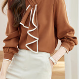 French Scarf-Accent Long-Sleeve Blouse - liwisi