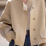 Casual Office Short Stand-Collar Drawstring Jacket
