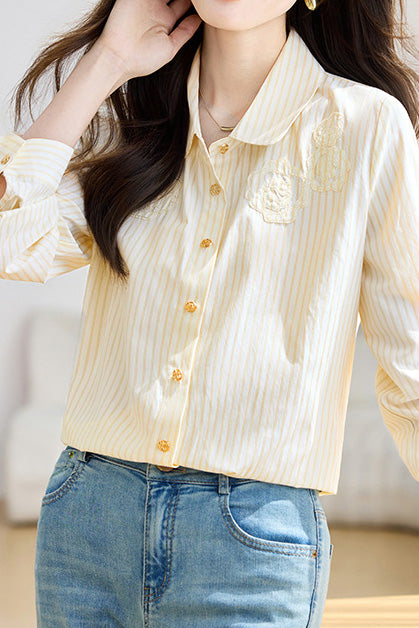 French Floral Patchwork Vertical Stripe Shirt - liwisi