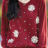 Exquisite Elegant Water-Soluble Lace Rhinestone-Embellished Knit Cardigan