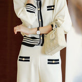 Elegant Temperament Color-Block Knitted Top And Wide-Leg Pants 2-piece Set