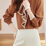 French Scarf-Accent Long-Sleeve Blouse - liwisi