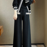 Elegant Temperament Color-Block Knitted Top And Wide-Leg Pants 2-piece Set