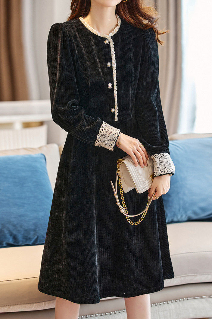 Elegant Ruffle-Paneled Corduroy Dress - liwisi