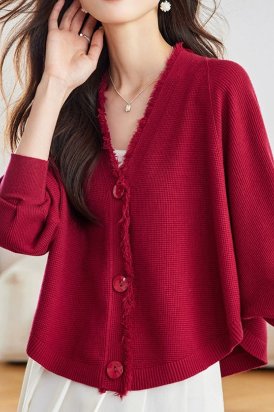 Casual Batwing Sleeve Fringed Knit Cardigan - liwisi