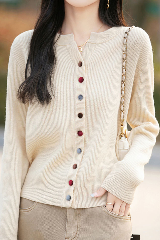 Casual Color-Block Button V-Neck Knitted Cardigan - liwisi