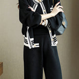 Elegant Temperament Color-Block Knitted Top And Wide-Leg Pants 2-piece Set