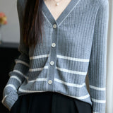 Casual Versatile Color-Block Striped V-Neck Knitted Cardigan