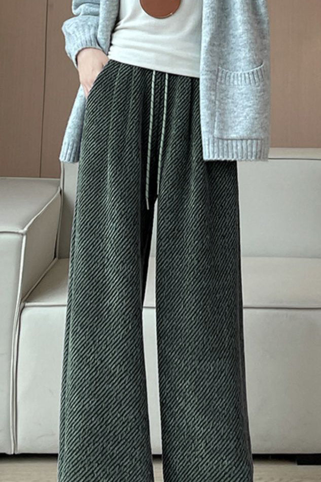 Lazy Relaxed Diagonal Striped Fleece-Lined Wide-Leg Pants - liwisi