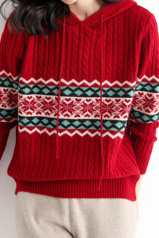 Casual Christmas Snowflake Ribbed Hooded Sweater - liwisi