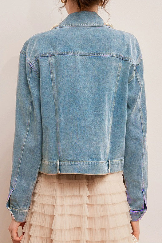 Elegant Pearl Beaded Denim Jacket - liwisi