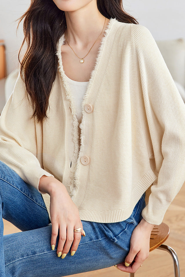 Casual Batwing Sleeve Fringed Knit Cardigan - liwisi