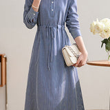 Office Versatile Striped Waist-Cinched Dress