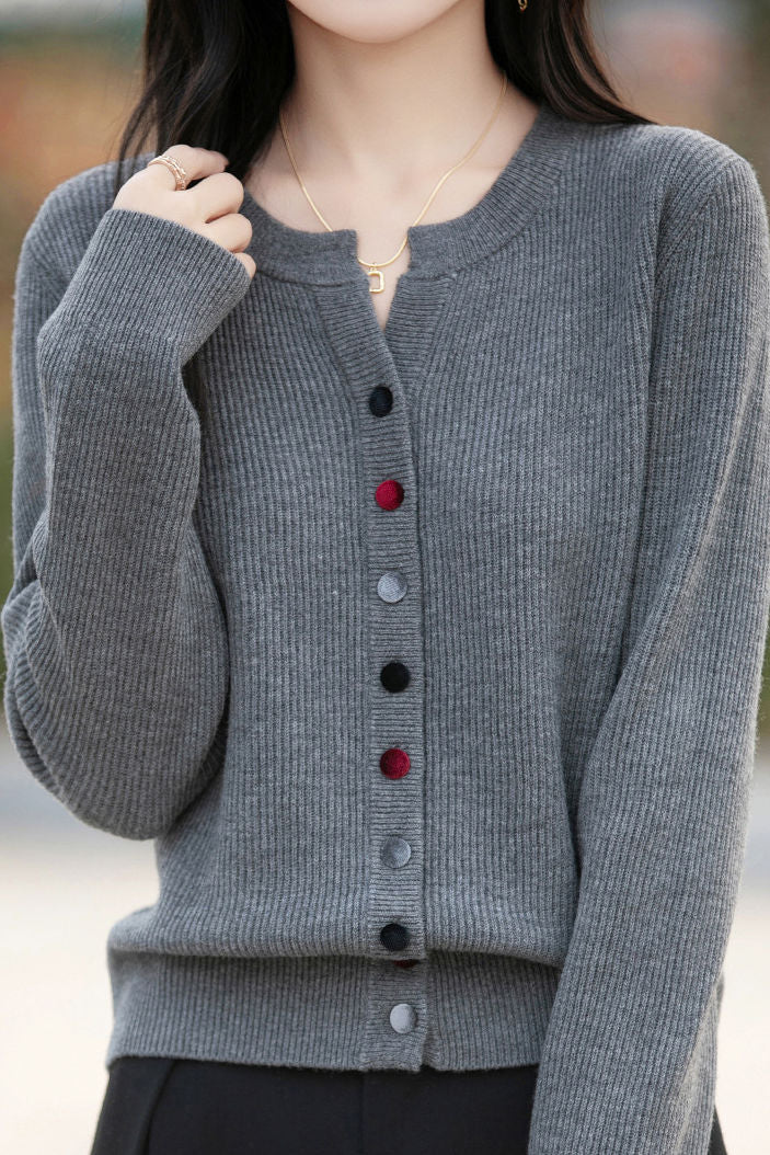 Casual Color-Block Button V-Neck Knitted Cardigan - liwisi