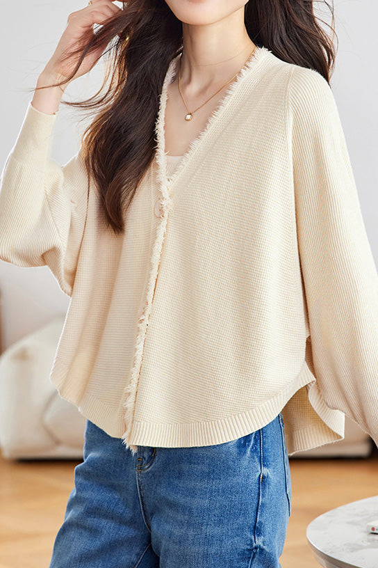 Casual Batwing Sleeve Fringed Knit Cardigan - liwisi