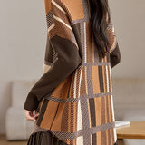 Casual Color-Block Plaid Fringed Pullover Sweater