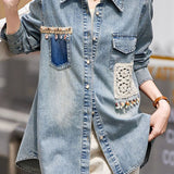 Casual Lapel Denim Shirt With Lace Appliqué And Beaded Details