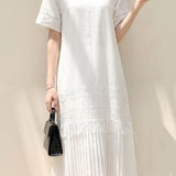 Elegant Pleated Dress With Hollow Embroidery And Tassels