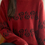 Casual Vintage Hot‑Fix Rhinestone Floral Jacquard Sweater
