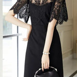 Mature Elegant Lace Cape Spliced Waist-cinched Dress