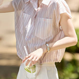 Elegant Commuter Thin Stripe Drawstring Blouse