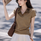 Casual Plaid Spliced Lapel Cotton T-Shirt