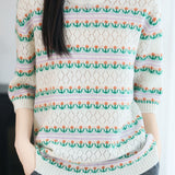 Exquisite Commuter Diamond Hollow Jacquard Crew Neck Elbow Sleeve Knit Top