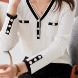 Elegant Commuter Vertical Rib Contrast Trim V-Neck Shell Button Long-Sleeve Knit Top