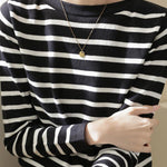 Unique Black and White Striped Long-Sleeve Knit Top - liwisi