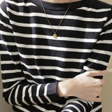Unique Black and White Striped Long-Sleeve Knit Top - liwisi