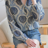Elegant Vintage Gold-thread Floral Ruched Blouse