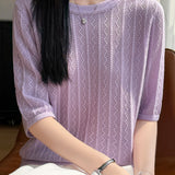 Elegant Tiny Wavy Hollow-out Short Sleeve Knit Top