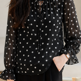 Exquisite Elegant Lace Collar Tie Waist Polka Dot Print Long-Sleeve Blouse