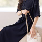 Exquisite Elegant V-Neck Stitched Tie Waist Midi Dress