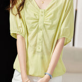V-Neck Front Button Decor Drawstring Gathered Blouse - 3 Colors Available