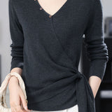 Casual Single‑Breasted Cross V‑Neck Side Tie Knit Top