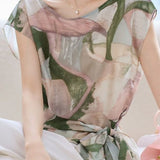 Casual Abstract Print Tie Blouse