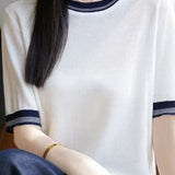 Elegant Commuter Contrast Double Stripe Crew Neck Short-Sleeve Knit T-Shirt