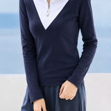 Elegant Commuter Contrast Half-Zip Stand Collar Slim Long-Sleeve Base Layer Top