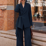 Elegant Commuter Asymmetric Tie Blazer And Wide-Leg Pants Two-Piece Set