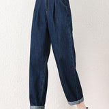 Casual Pleated Cuff Straight Leg Denim Pants