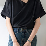 アシンメトリーVネックボリュームサテンブラウス - liwisi