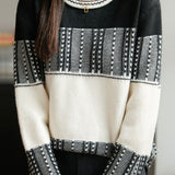 Casual Retro Geometric Jacquard Color‑Block Knit Sweater