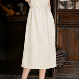Elegant Commuter Floral Jacquard Sleeveless Tie Satin Dress