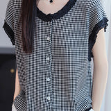 Casual Houndstooth Ruffle Short Sleeve Blouse