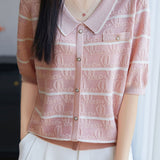 Elegant Commuter Tencel Stripe Jacquard Lapel Knit Top