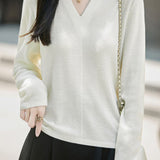 Elegant Commuter V-Neck Knit Top With Fishbone Texture